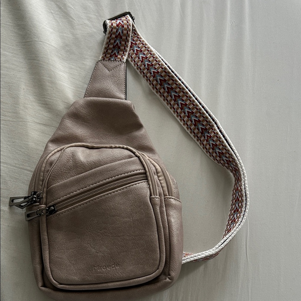 Taupe Crossbody Sling Bag with Patterned Strap
